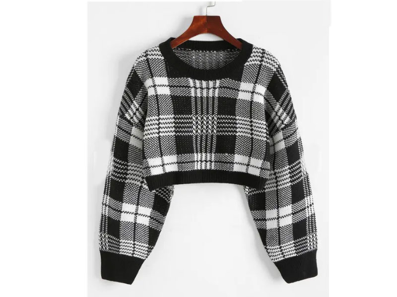 Women's Plaid Drop Shoulder Cropped Sweater