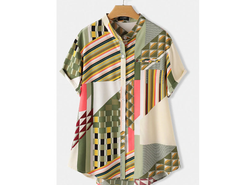 Women's Striped Geometric Printed Stand Collar Short Sleeve Button Blouse