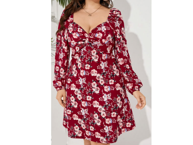 Yoins Women's Plus Size Floral Print Long Sleeves Dress