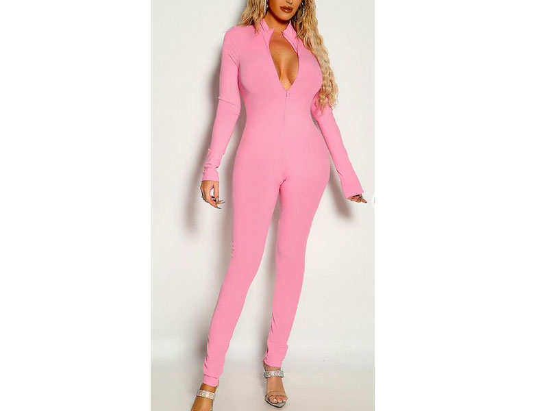 Women's Pink Long Sleeve Ribbed Zip Up Jumpsuit
