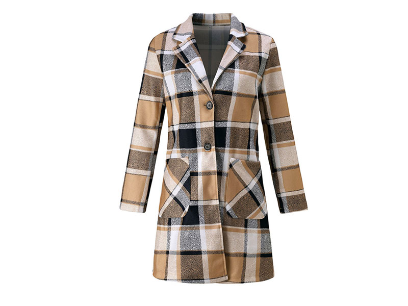 Women Khaki Turndown Collar Casual Plaid Shacket