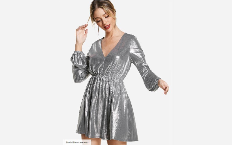Silver Puff Sleeves V Neck Shiny Party Dresses