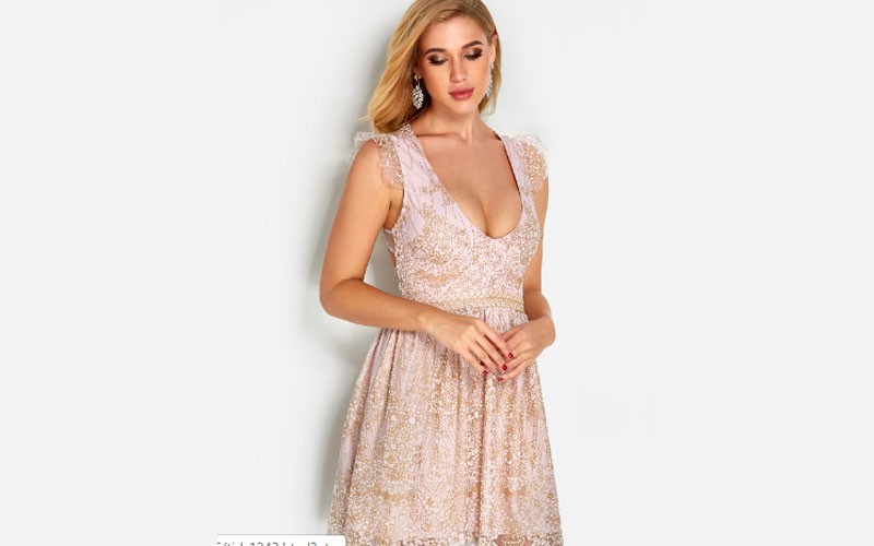 Pink Sequins Embellished Criss-cross Design V-neck Sleeveless Dress