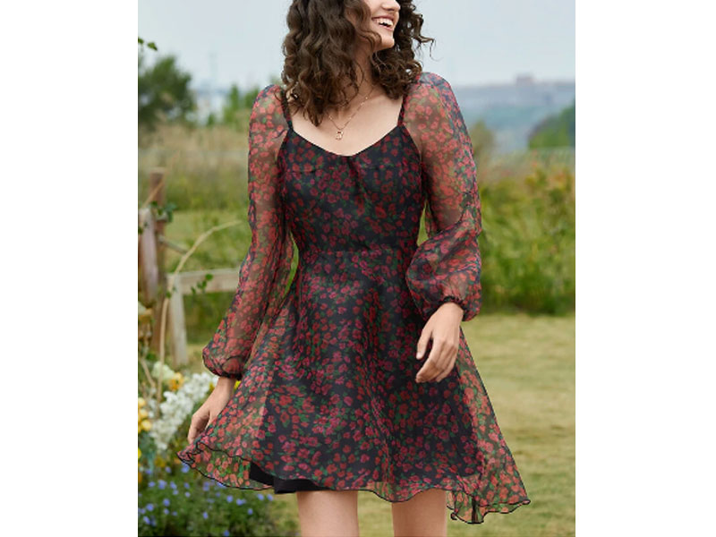 Women's Floral Print Square Collar Long Sleeve Dress