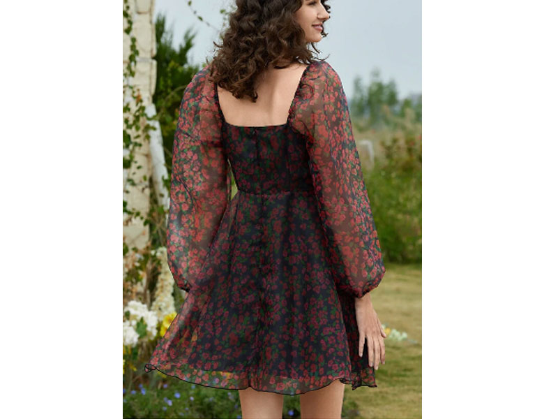 Women's Floral Print Square Collar Long Sleeve Dress