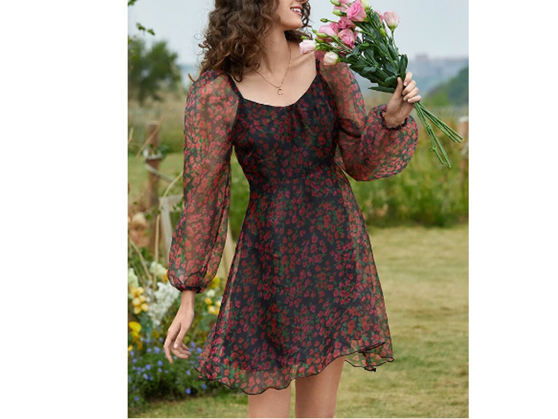 Women's Floral Print Square Collar Long Sleeve Dress