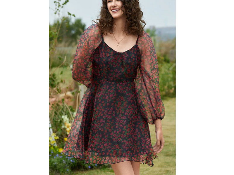 Women's Floral Print Square Collar Long Sleeve Dress