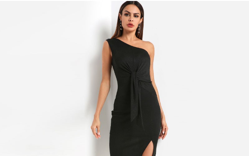 Black Self-tie Design One Shoulder Slit Hem Dress