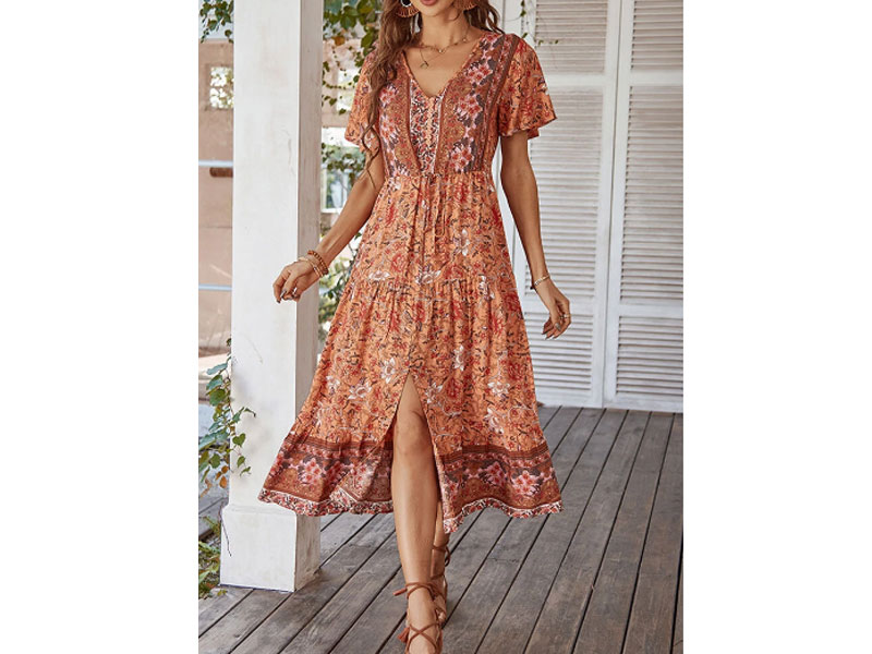 Women's Bohemian Flower Print Short Sleeve V-Neck Dress