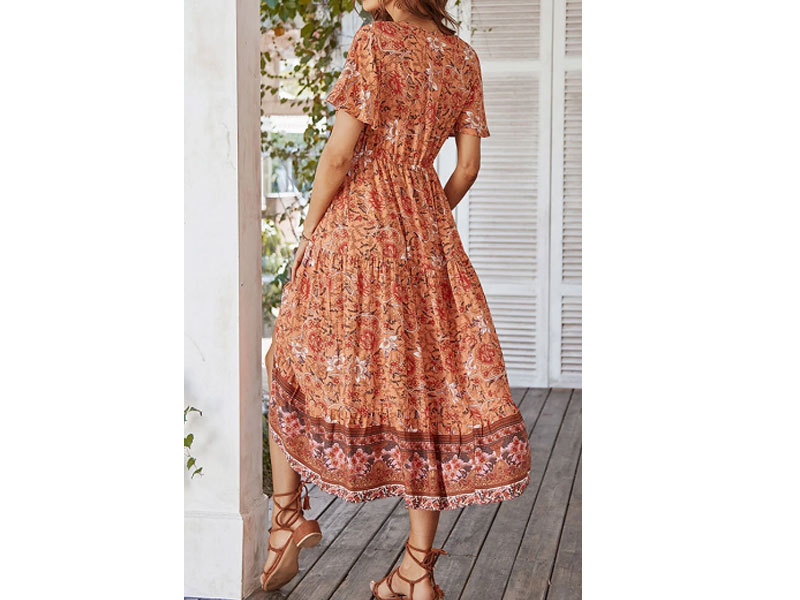 Women's Bohemian Flower Print Short Sleeve V-Neck Dress