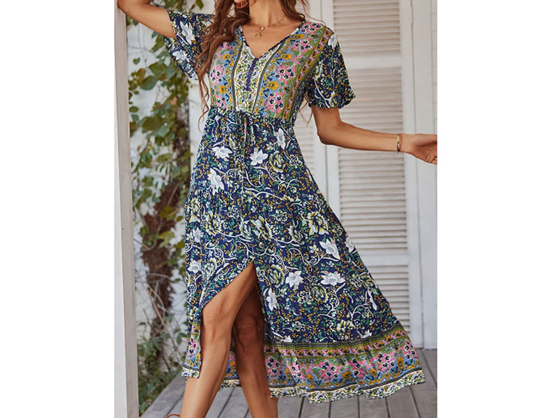 Women's Bohemian Flower Print Short Sleeve V-Neck Dress