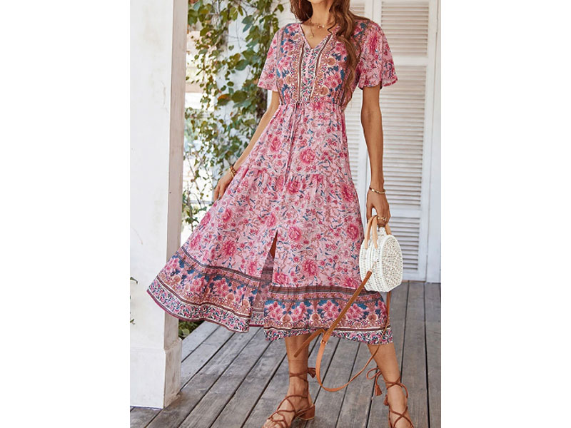 Women's Bohemian Flower Print Short Sleeve V-Neck Dress