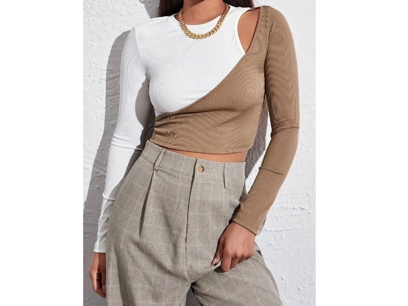 Women's Stitch Hollow Long Sleeve Crew Neck Crop Top