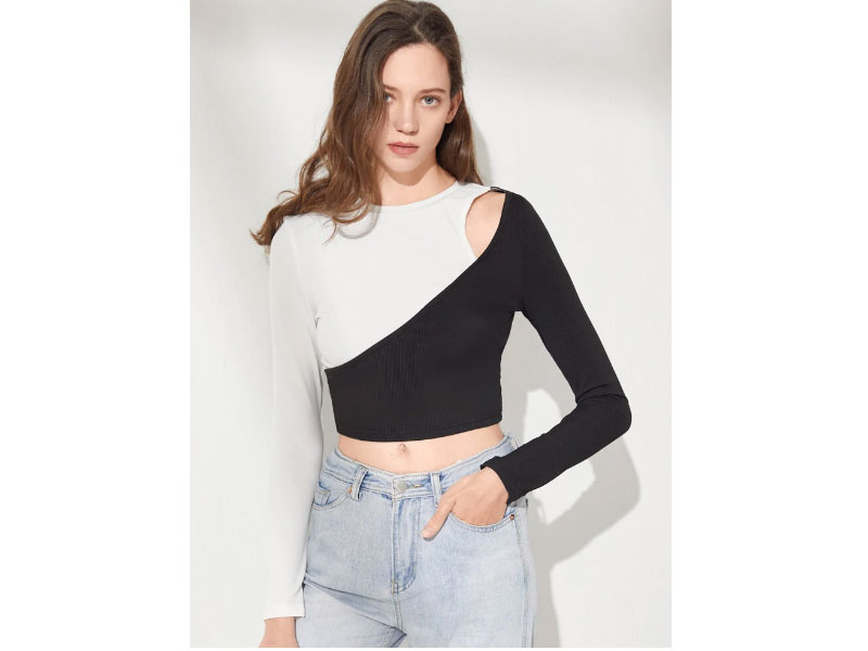 Women's Stitch Hollow Long Sleeve Crew Neck Crop Top