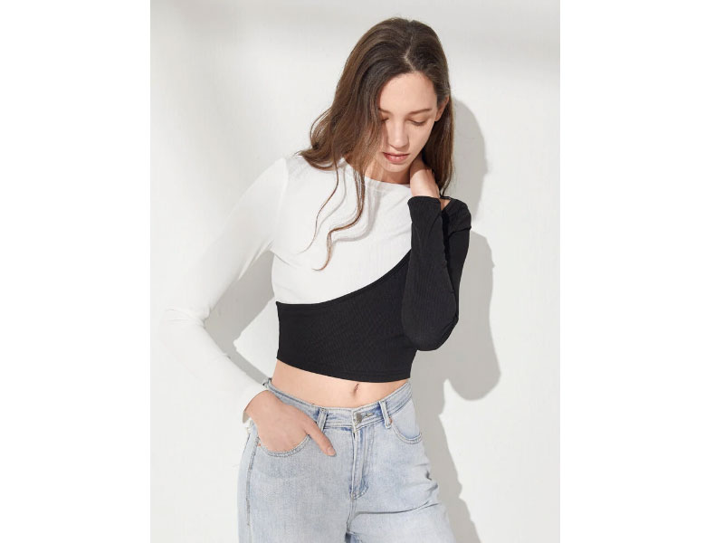 Women's Stitch Hollow Long Sleeve Crew Neck Crop Top