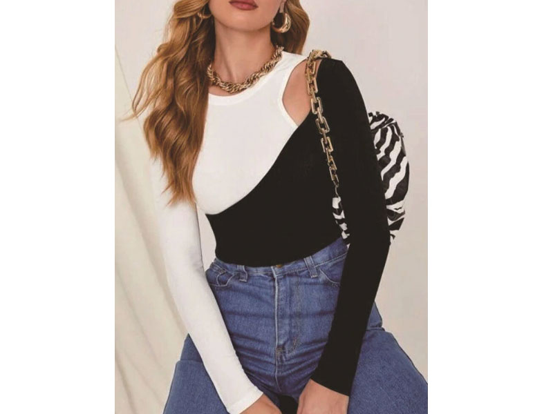 Women's Stitch Hollow Long Sleeve Crew Neck Crop Top