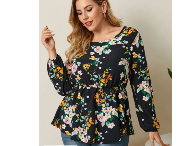 Women's Plus Size Round Neck Floral Print Pleated Design Blouse