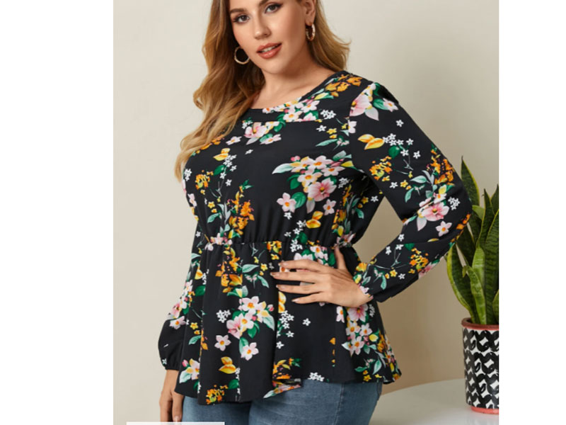 Women's Plus Size Round Neck Floral Print Pleated Design Blouse