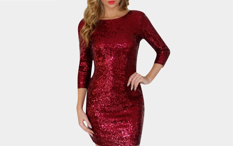 Shiny Red Round Neck 3/4 Length Sleeves Party Dress
