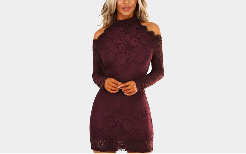 Burgundy Lace Cold Shoulder Long Sleeves Mini Dress