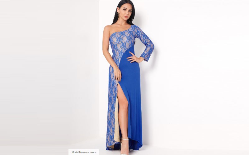 Blue Patchwork Lace Details One Shoulder Long Sleeves Party Dresses