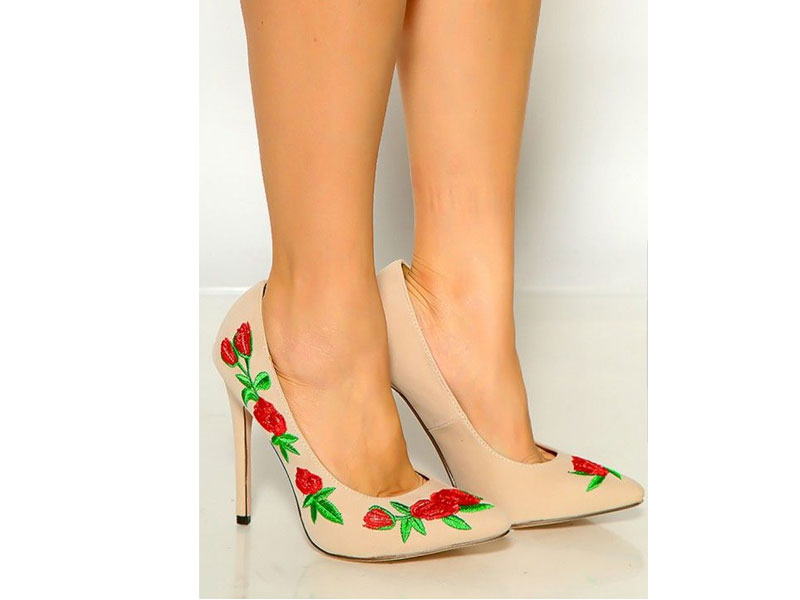 Women's Nude Pointy Toe Floral Embroidered High Heel Pumps