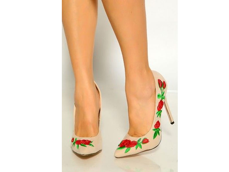 Women's Nude Pointy Toe Floral Embroidered High Heel Pumps