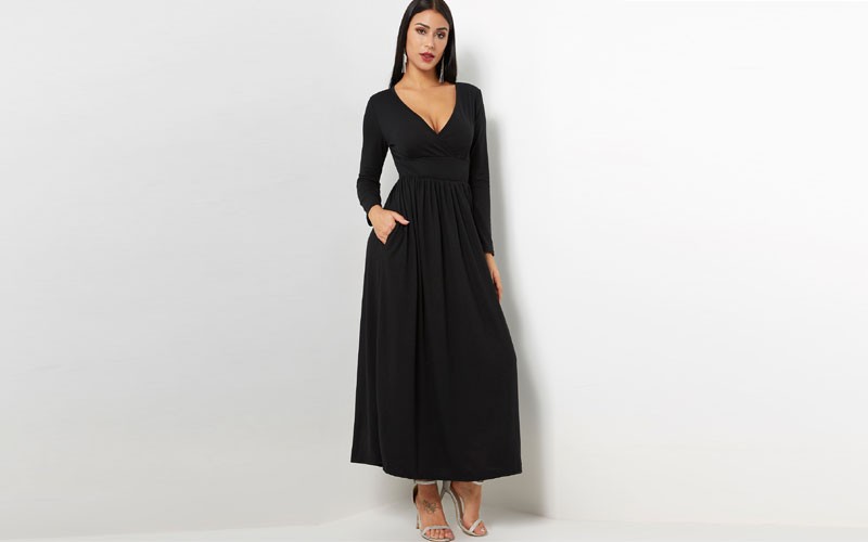 Black V-neck Long Sleeved Evening Maxi Dress