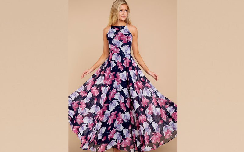 Chic Navy Floral Print Maxi Dress