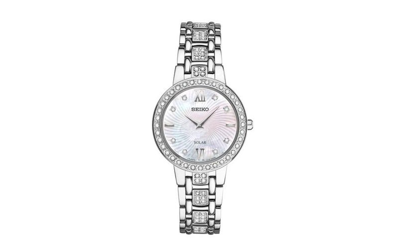 Seiko Womens Solar Crystal Dress Watch Mother Of Pearl Stainless Steel