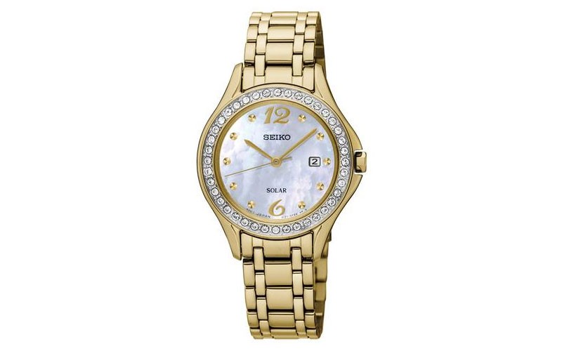 Seiko Ladies 40 Crystal Sport Watch White MOP Dial Gold Tone Date