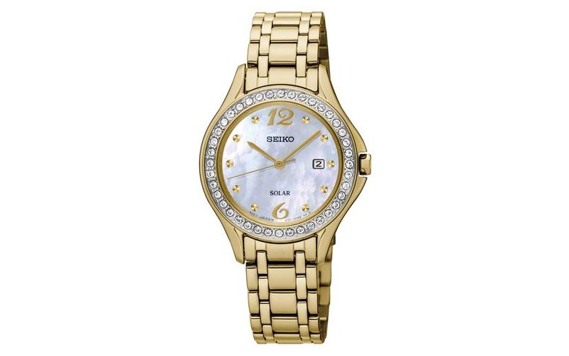 Seiko Ladies 40 Crystal Sport Watch White MOP Dial Gold Tone Date