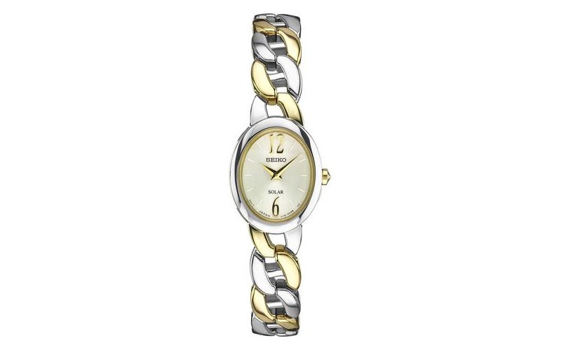 Seiko Solar Ladies Jewelry Watch Stainless & Gold Tone Silver White Dial