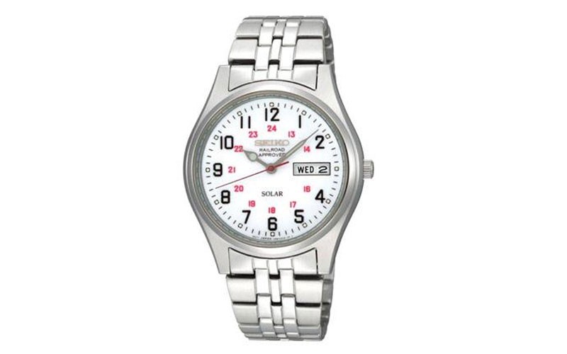 Seiko Solar Mens Watch White Dial Stainless Railroad Approved Day Date