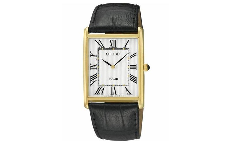 Seiko Solar Classic Mens Watch Gold Tone Black Leather Strap