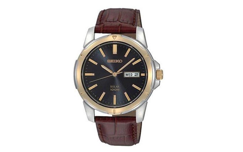 Seiko Solar Mens Two Tone Day Date Watch Black Dial Brown Leather Strap