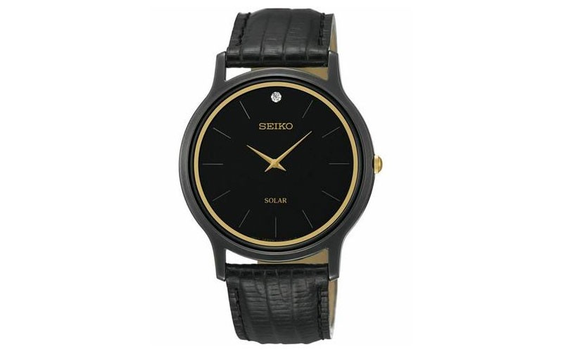 Seiko Solar Diamond Mens Watch Black Case Black Dial Black Leather Strap