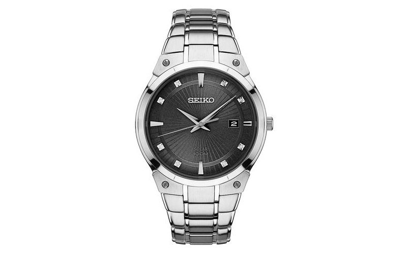 Seiko Mens Solar 8 Diamond Dress Watch Black Dial Date Bracelet 100m