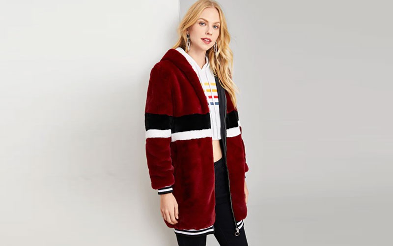 Shein Zip Up Striped Faux Fur Coat