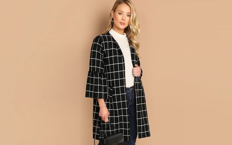 Shein Flounce Sleeve Open Front Grid Coat