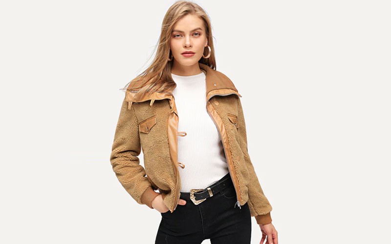 Faux Leather Trim Teddy Jacket