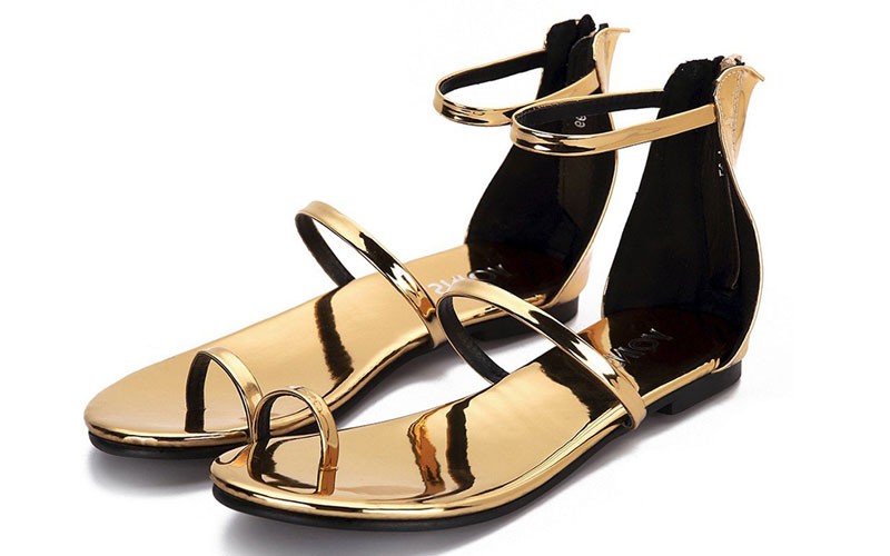 Gold Metallic Strap Across Zip Back Closure Ankle Strap Flat Sandals