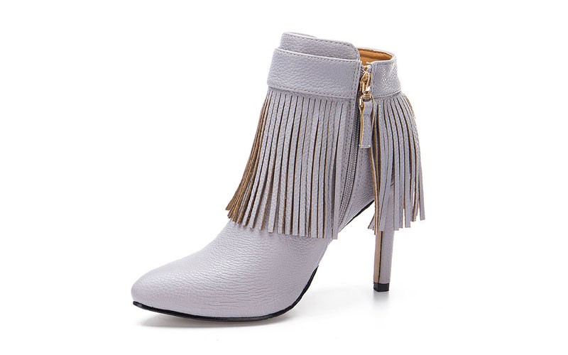 Grey Fringed Pointed Heeled Ankle Boots