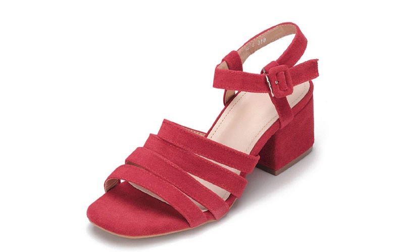 Red Suede Look Straps Across Block Heel Sandal