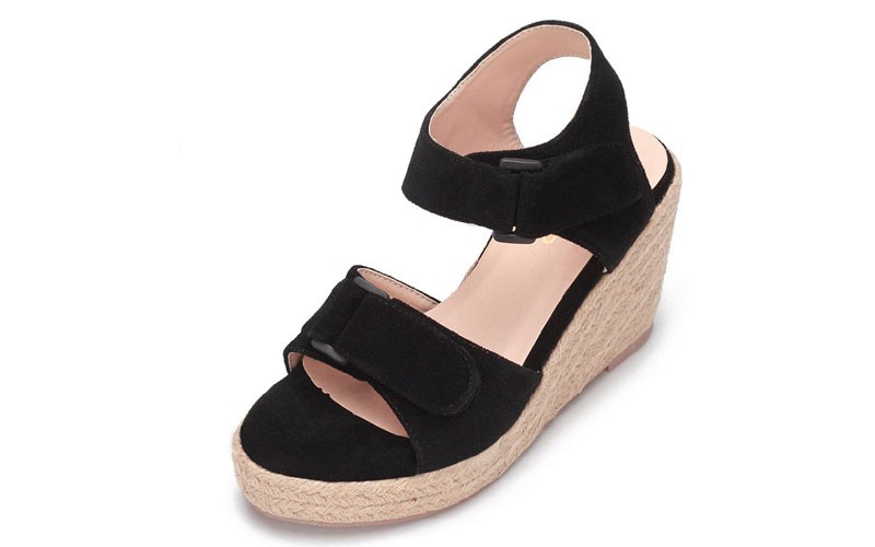 Black Double Buckle Straps Woven Wedge Sandals