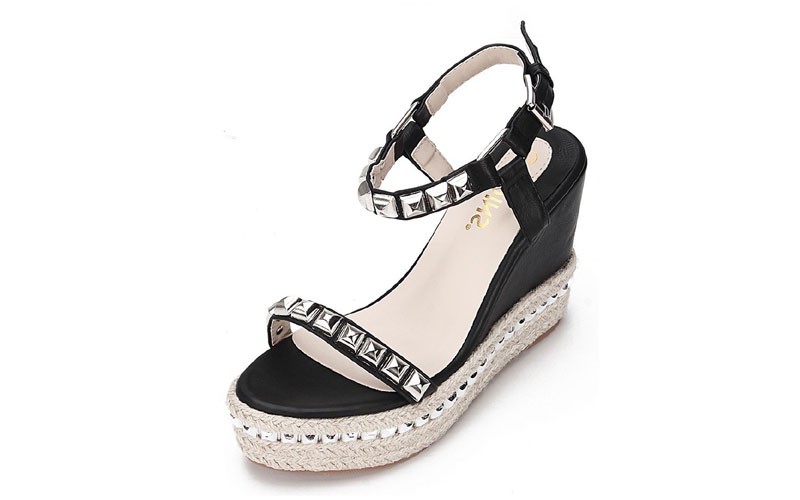 Black Leather Look Gold-tone Embellishment Wedge Sandals