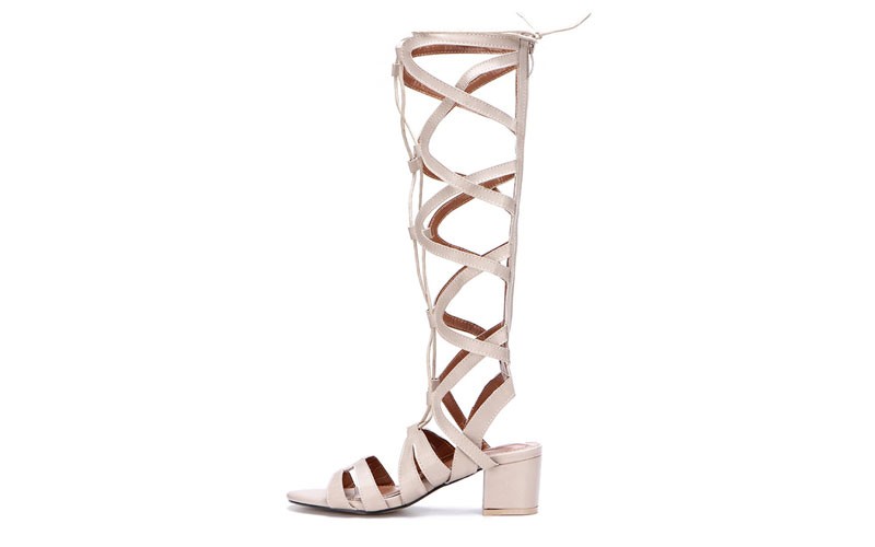 Beige Leather Look Knee high Block Heel Tie Wrap Fastening Gladiator