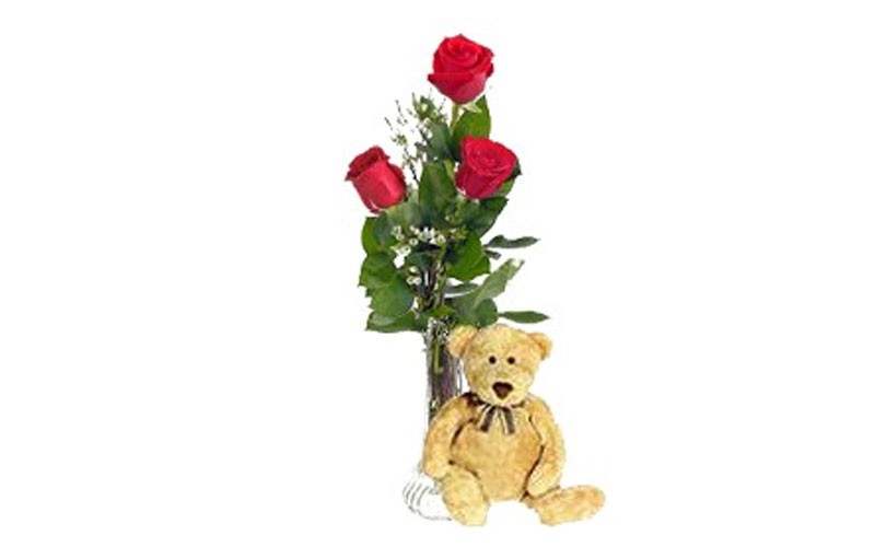 3 Red Love Roses & Bear