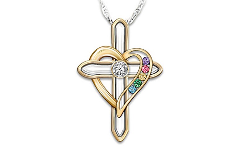 Mothers Cross Necklace With Family Birthstones And Diamond