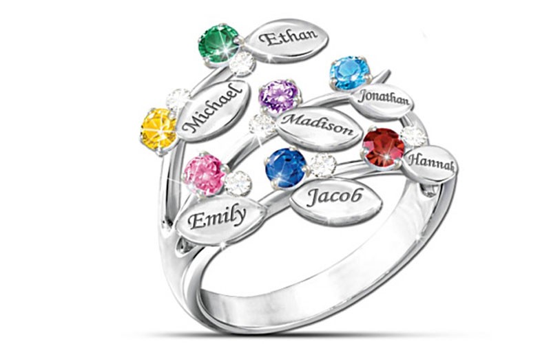Personalized Leaf Design Ring With Names And Birthstones
